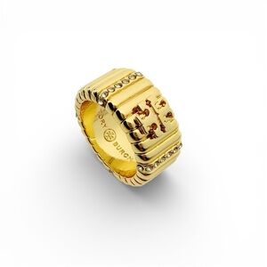 Tory Burch Crystal Textured Pave Logo Band Ring
